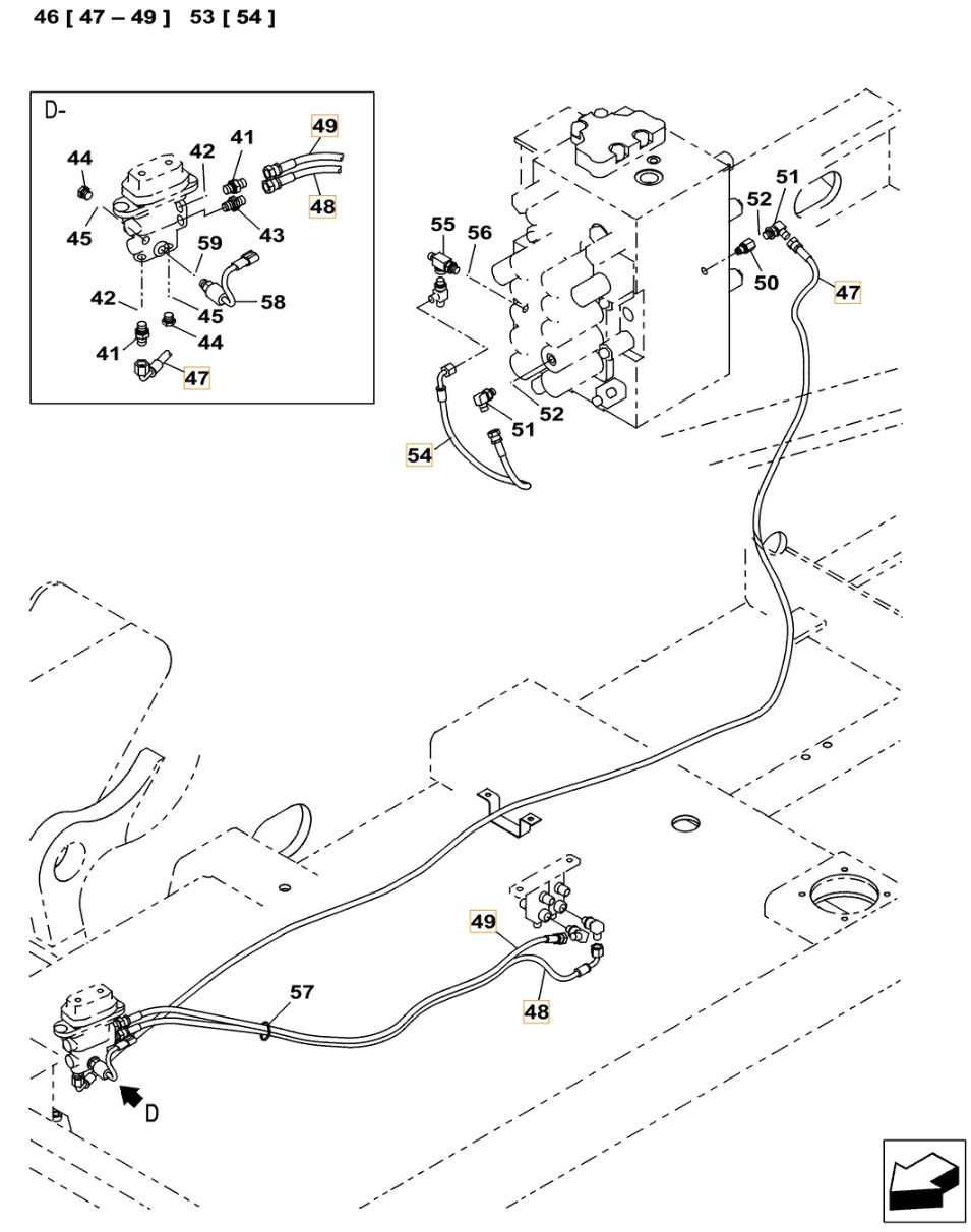 Case CX300C LC installation diagram showing hydraulic hose KHJ2309 at Pipe No. 54