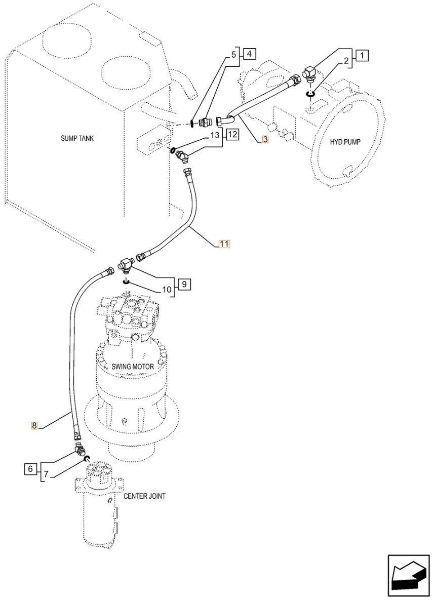 Case CX210C-8 installation diagram showing hydraulic hose KAJ2420 at Pipe No. 3