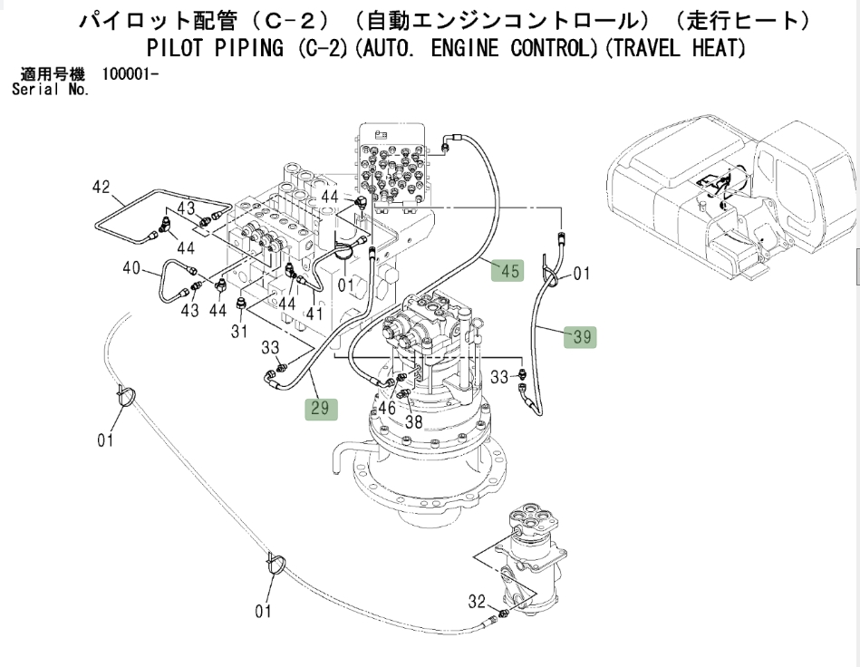 Hitachi ZX200LC installation diagram showing hydraulic hose 4435036 at Pipe No. 39
