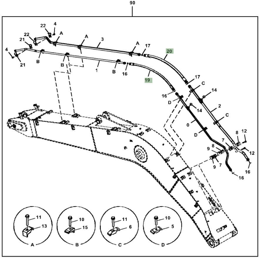 Hitachi ZX190W-5N installation diagram showing hydraulic hose 4662954 at Pipe No. 20