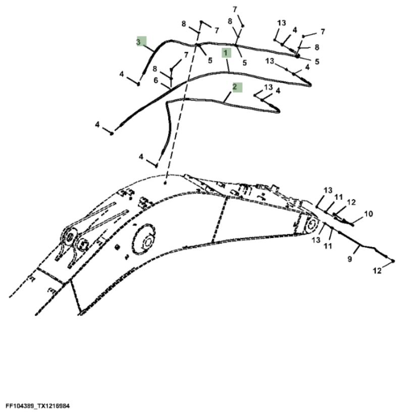 Hitachi ZX260FLC-FE-6N installation diagram showing hydraulic hose 4631052 at Pipe No. 1