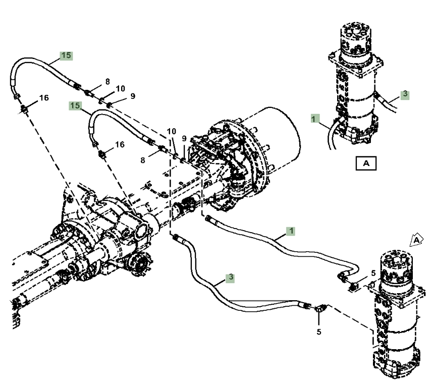 Hitachi ZX190W-5N installation diagram showing hydraulic hose 4315339 at Pipe No. 1