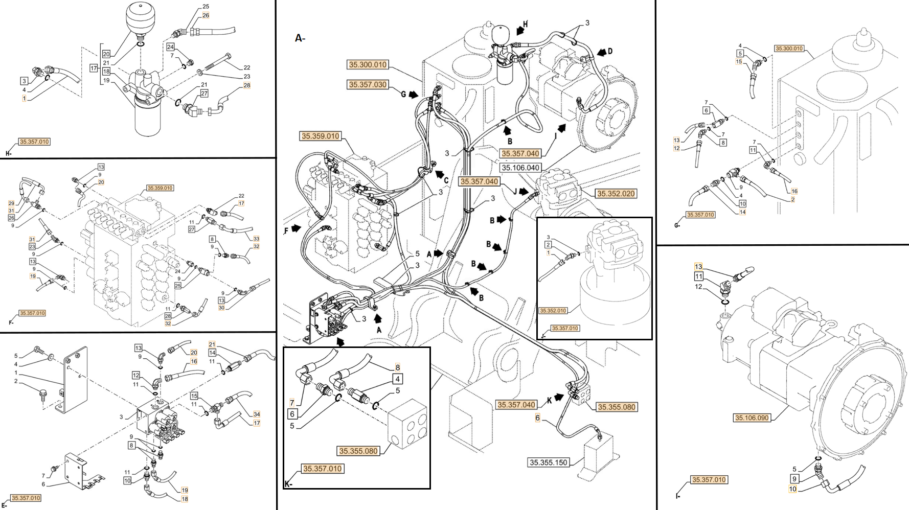Case CX245D installation diagram showing hydraulic hose KHJ2309 at Pipe No. F31