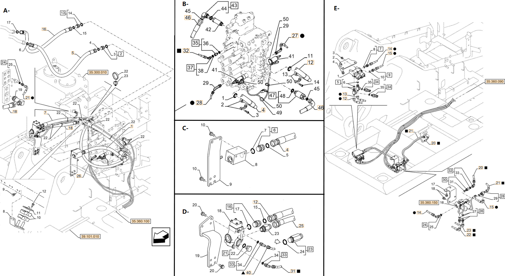Case CX240E NHD installation diagram showing hydraulic hose KHJ14650 at Pipe No. E21