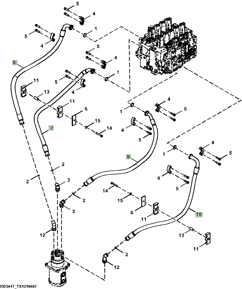 Hitachi ZX470LC-6 installation diagram showing hydraulic hose 4651807 at Pipe No. 7