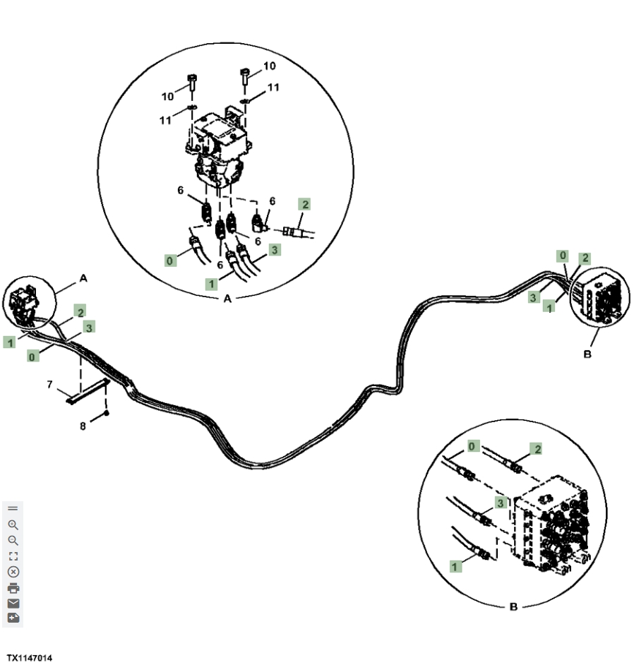 Hitachi ZX870LC-5G installation diagram showing hydraulic hose 4711869 at Pipe No. 3