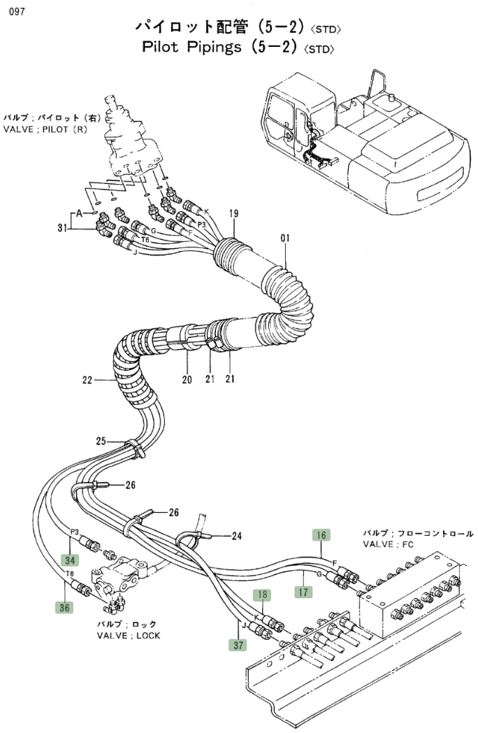 Hitachi EX300LC-2 installation diagram showing hydraulic hose 4304409 at Pipe No. 34