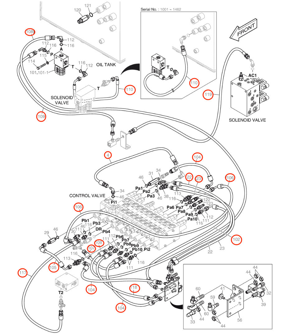 Doosan E57W installation diagram showing hydraulic hose DS2091114 at Pipe No. 105