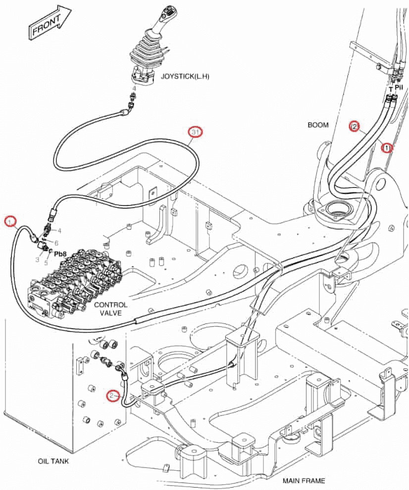 Doosan DX63-3 installation diagram showing hydraulic hose DS2093393 at Pipe No. 31