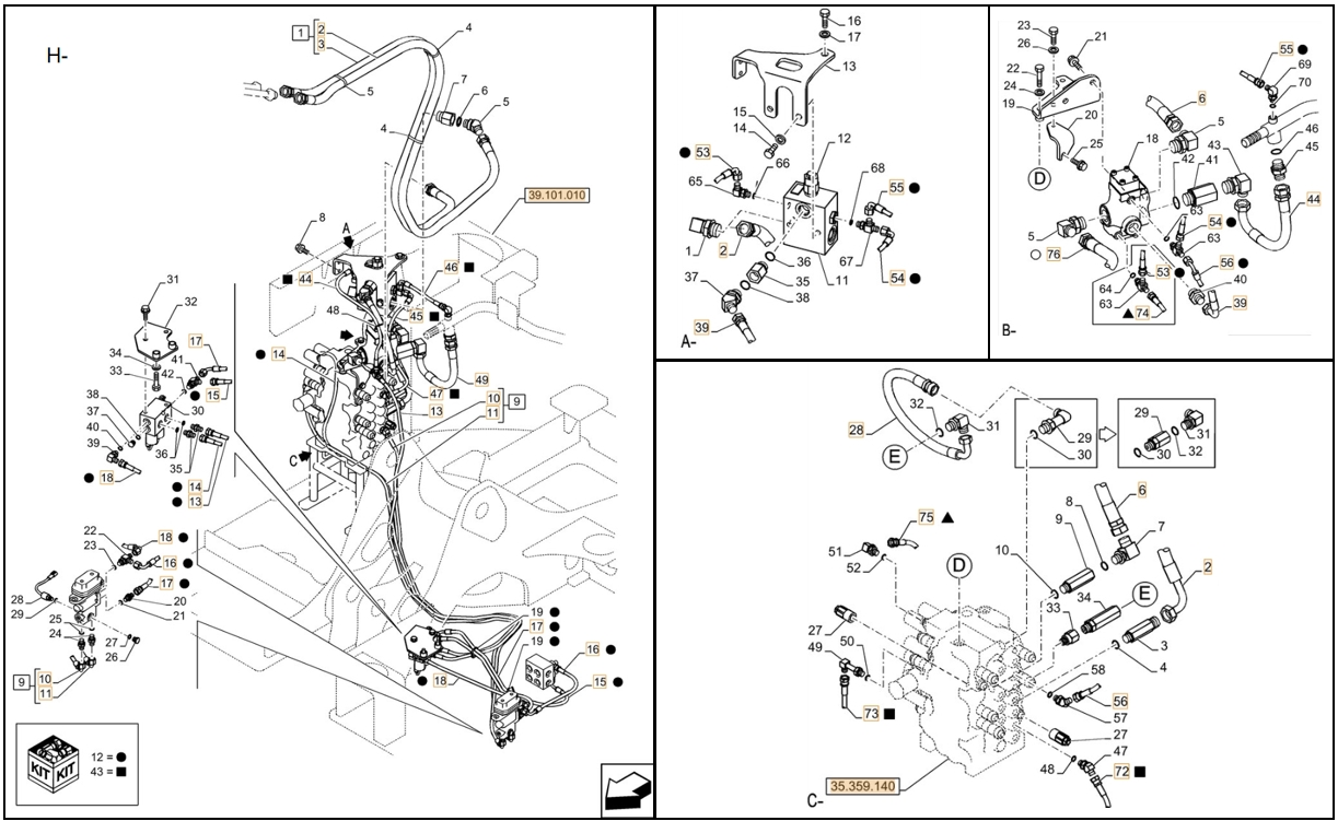 Case CX75C SR installation diagram showing hydraulic hose KHJ2524 at Pipe No. C72-H10
