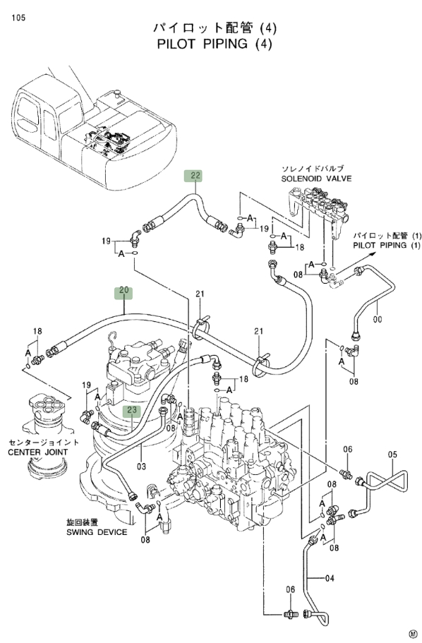 Hitachi EX200LC-5 installation diagram showing hydraulic hose 4332934 at Pipe No. 22