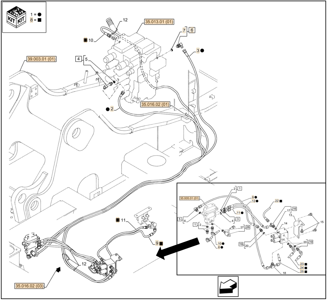 Case CX130C LC installation diagram showing hydraulic hose KHJ16300 at Pipe No. A8-B24
