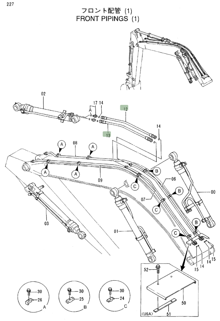 Hitachi EX100M-3 installation diagram showing hydraulic hose 4260310 at Pipe No. 13