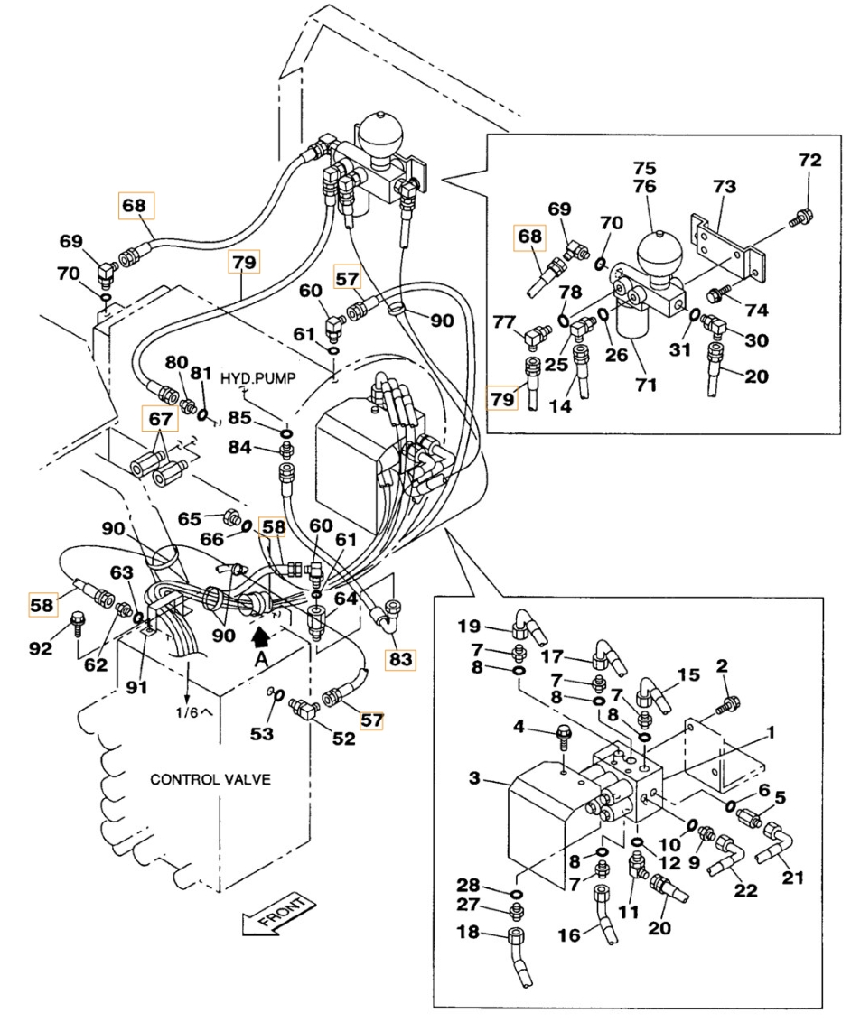 Case CX330 installation diagram showing hydraulic hose 152604A1 at Pipe No. 58