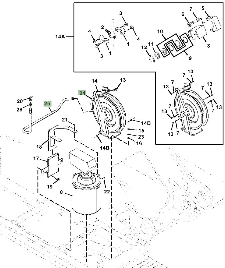Hitachi ZX470LC-5G installation diagram showing hydraulic hose 4055122 at Pipe No. 25