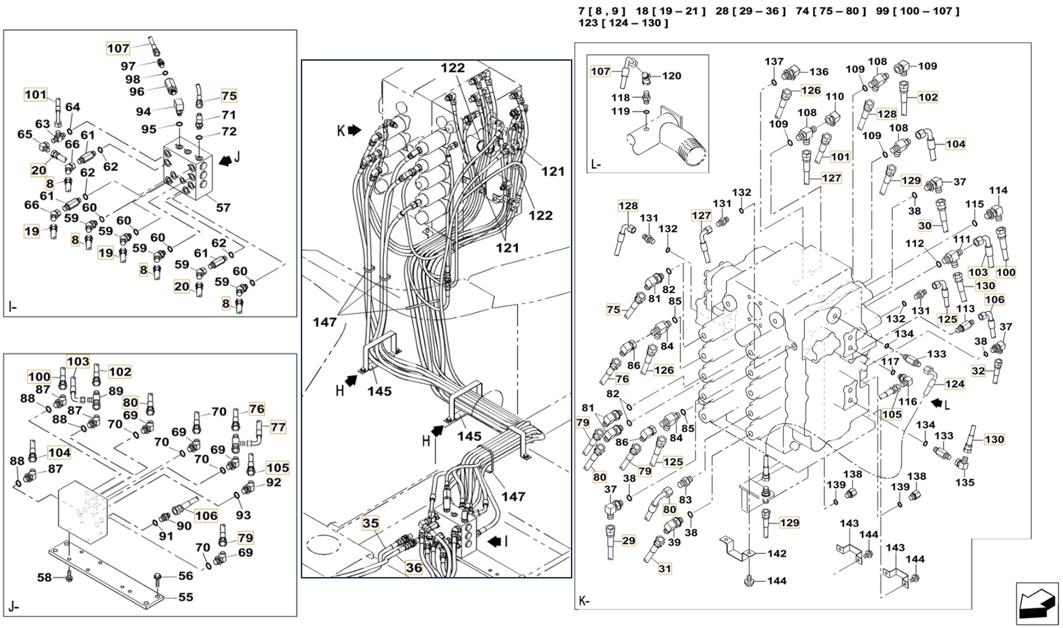 Case CX800B-8 LC ME installation diagram showing hydraulic hose 152767A1 at Pipe No. 79