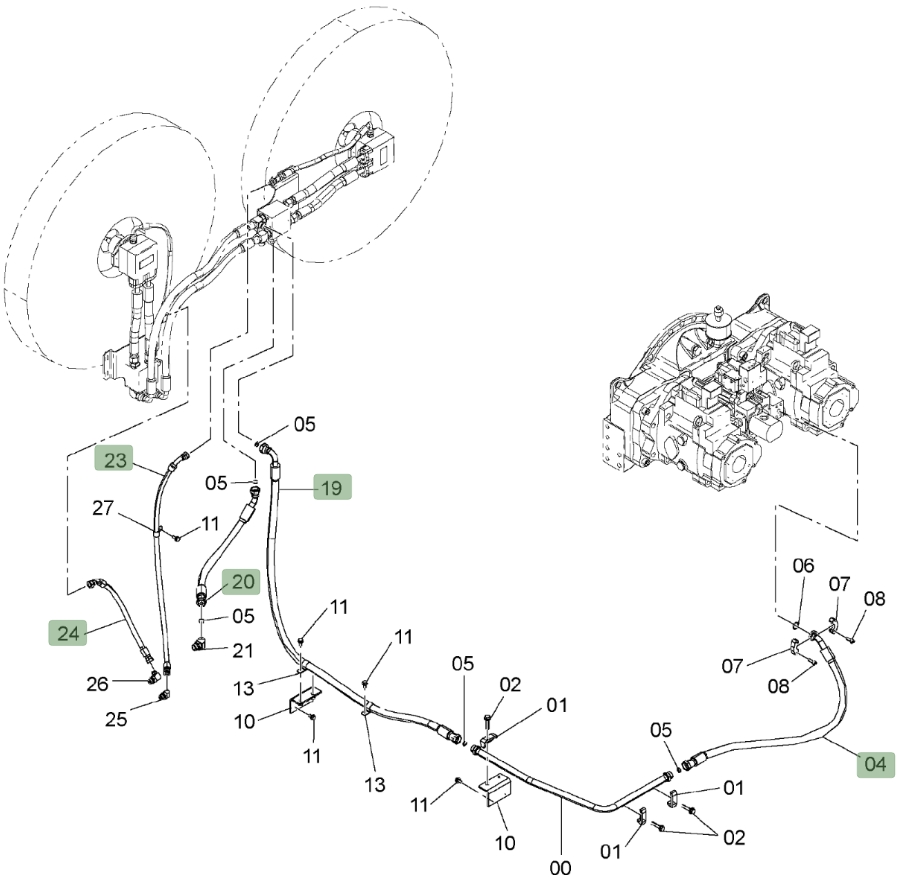 Hitachi ZX850LC-3 installation diagram showing hydraulic hose 4640837 at Pipe No. 24