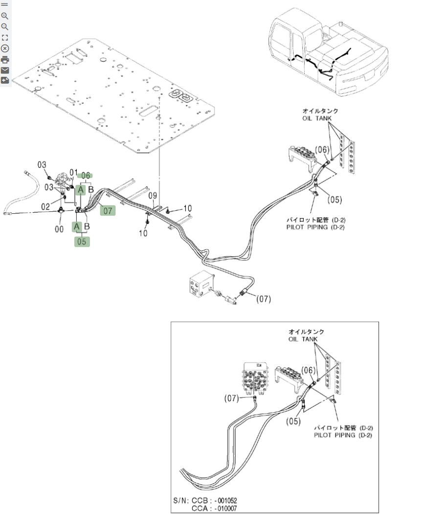 Hitachi ZX180W installation diagram showing hydraulic hose 4488333 at Pipe No. 5A