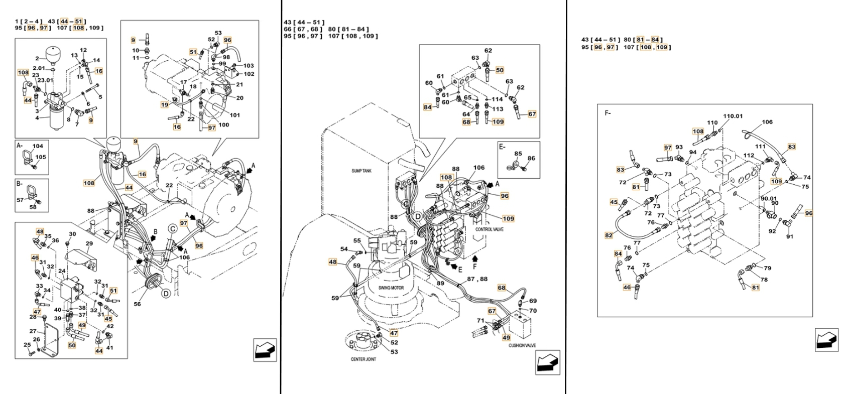 Case CX220C installation diagram showing hydraulic hose KHJ2097 at Pipe No. 46