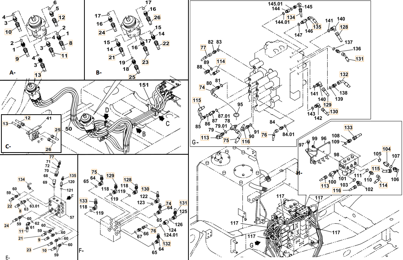 Case CX260C LC installation diagram showing hydraulic hose KHJ11580 at Pipe No. F132-G132