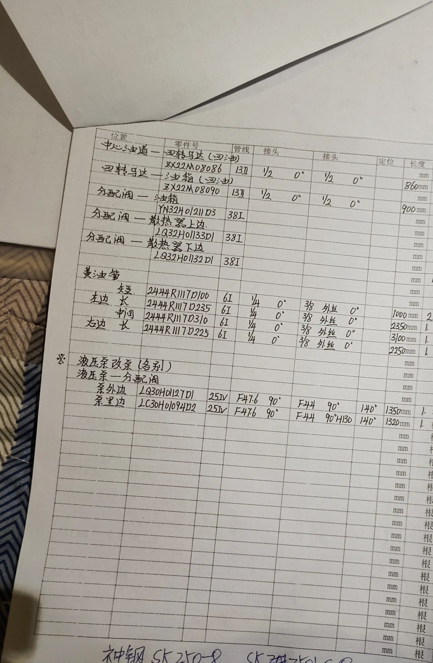 Kobelco SK250-8 hydraulic hose part numbers and recorded lengths — technician notebook page 2 of 5