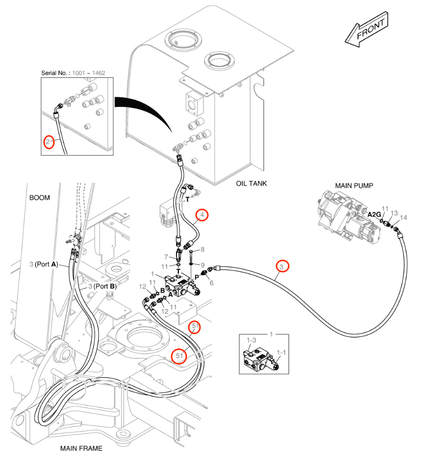 Doosan E57W installation diagram showing hydraulic hose DS2093200 at Pipe No. 2