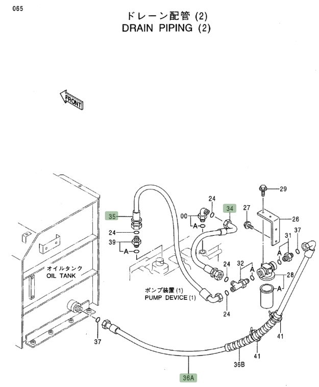 Hitachi EX450LC-5 installation diagram showing hydraulic hose 4365395 at Pipe No. 36A