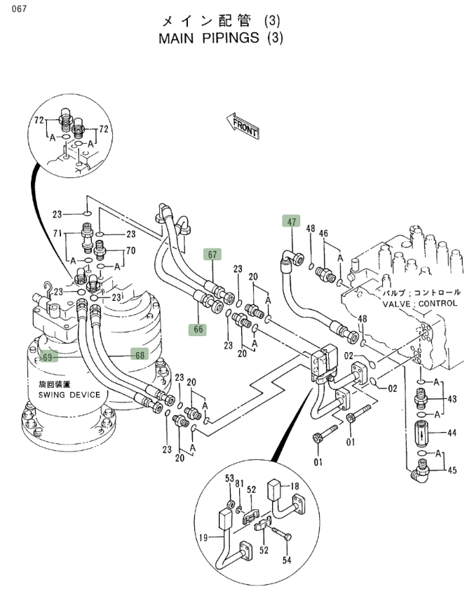 Hitachi EX400LC-3 installation diagram showing hydraulic hose 4188905 at Pipe No. 68