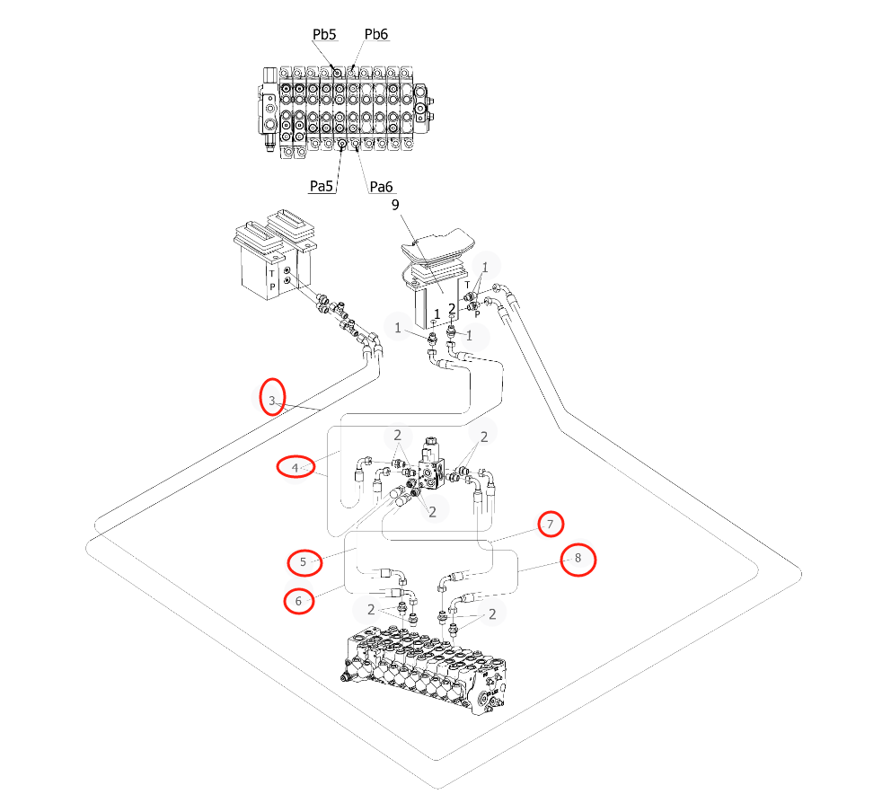 Sunward SWE25UF installation diagram showing hydraulic hose 730503001986 at Pipe No. 6