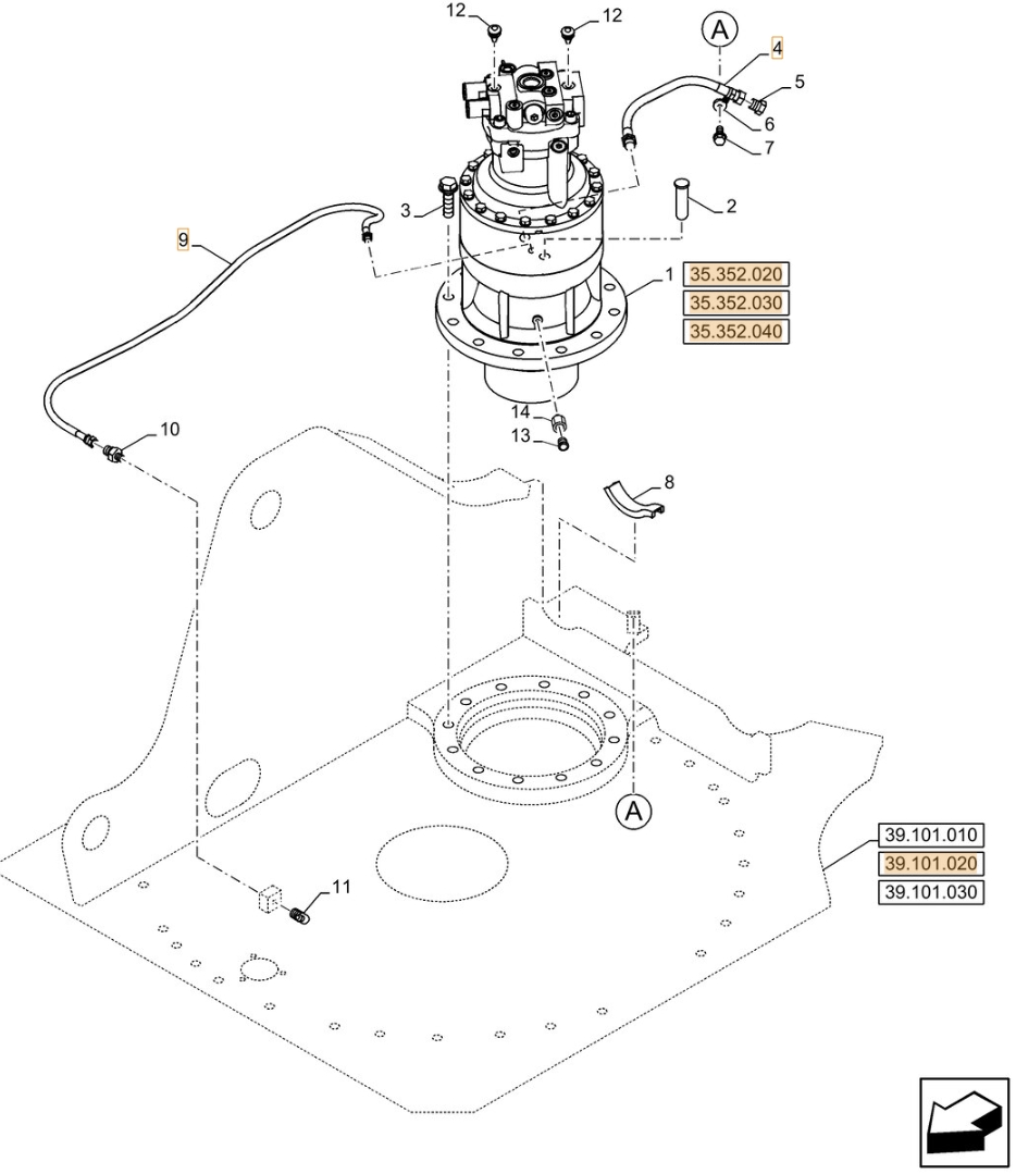 Case CX210D NLC installation diagram showing hydraulic hose KHJ14930 at Pipe No. 9