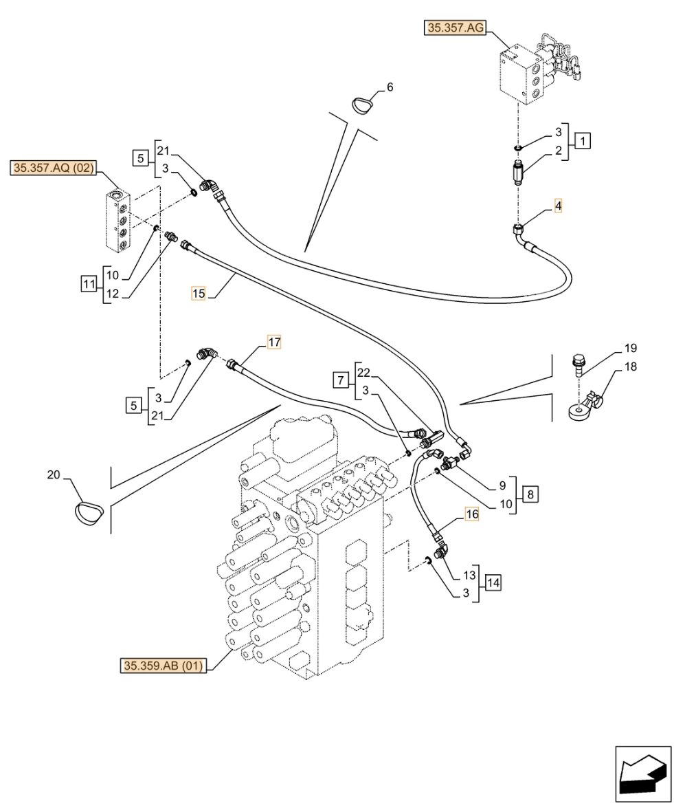 Case CX370D NLC installation diagram showing hydraulic hose KHJ16200 at Pipe No. 16