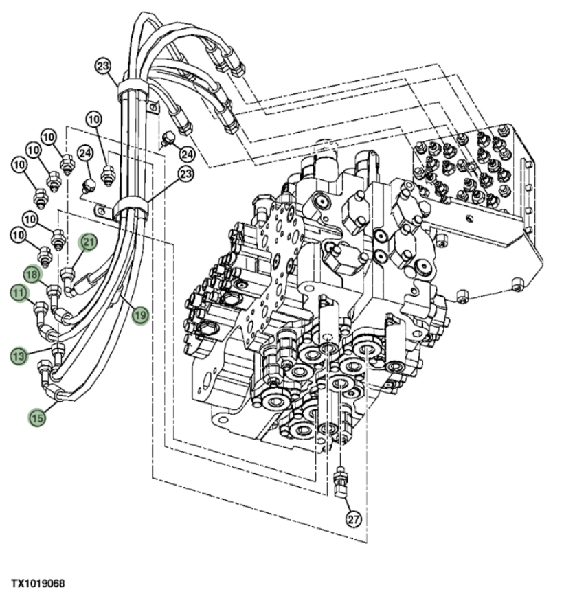 Hitachi ZX210F-3 installation diagram showing hydraulic hose 4630937 at Pipe No. 21