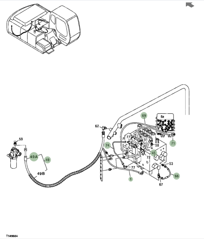 Hitachi ZX200F installation diagram showing hydraulic hose 4331726 at Pipe No. 49