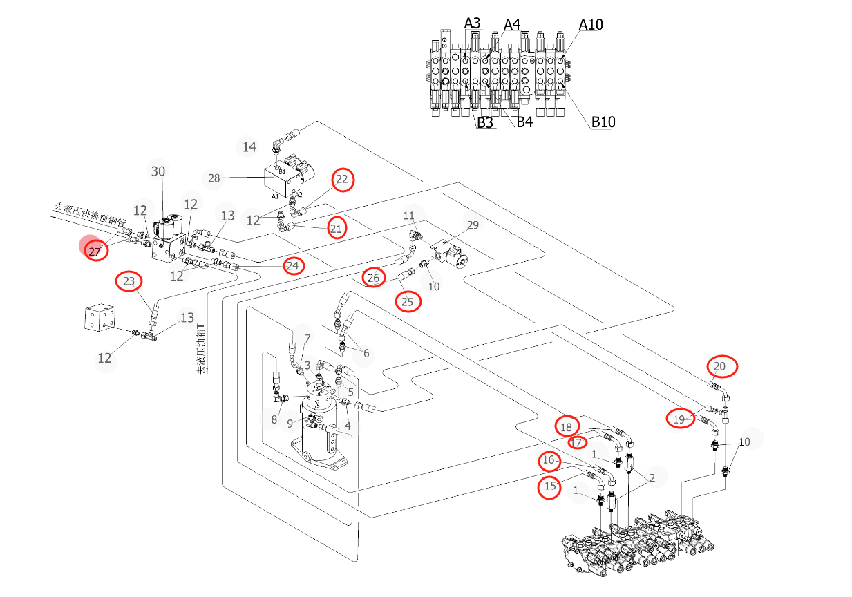 Sunward SWE20F-3 installation diagram showing hydraulic hose 730502000799 at Pipe No. 24