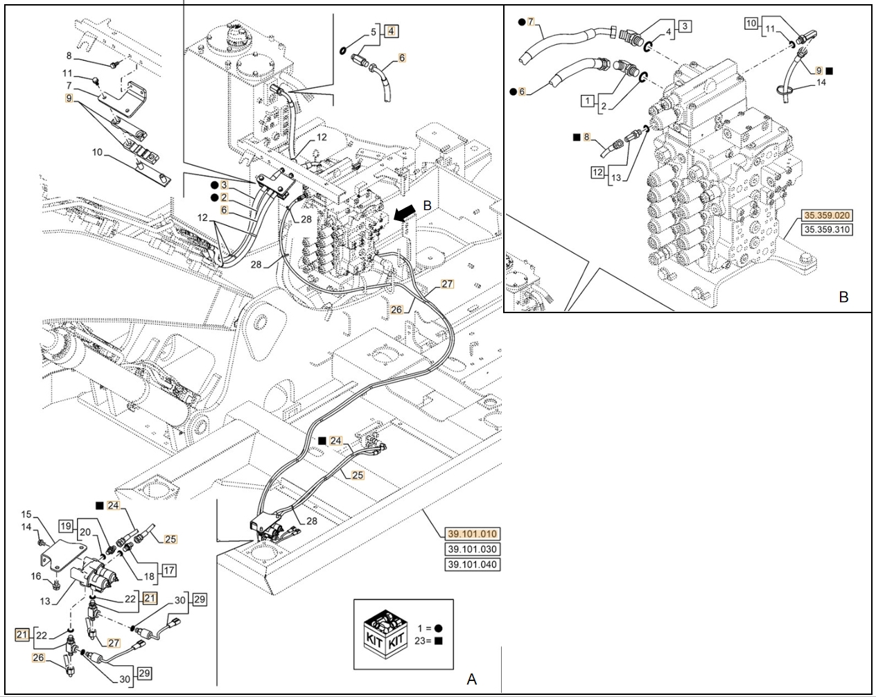 Case CX130E installation diagram showing hydraulic hose KHJ25060 at Pipe No. A26-B8