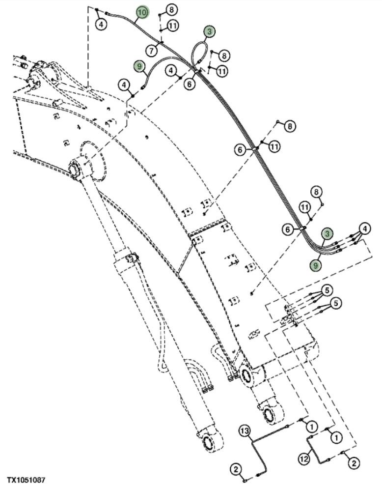 Hitachi ZX210F-3 installation diagram showing hydraulic hose 4473135 at Pipe No. 9