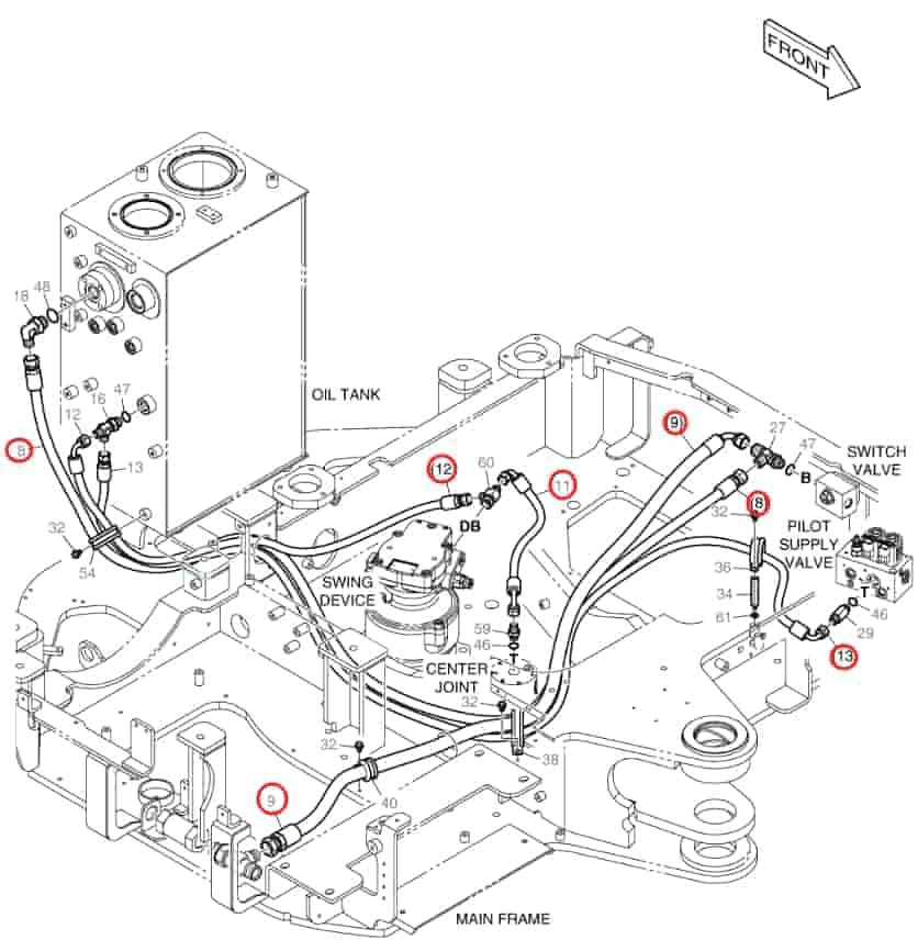 Doosan DX63-3 installation diagram showing hydraulic hose DS20551302 at Pipe No. 9