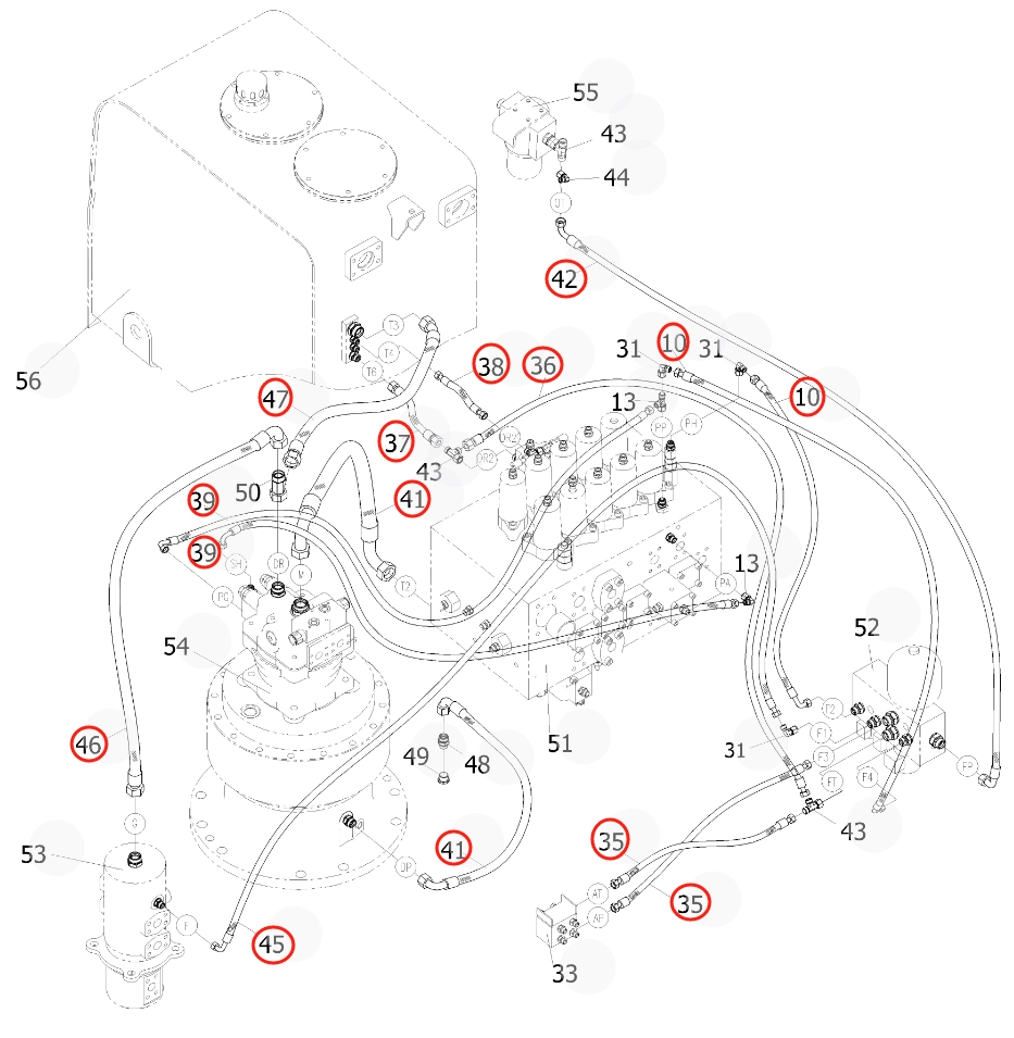 Sunward SWE365-3H installation diagram showing hydraulic hose 730501000465 at Pipe No. 38