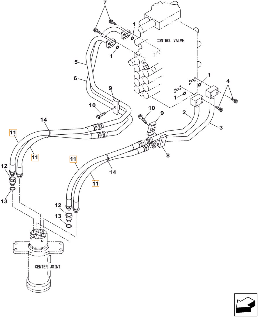 Case CX260C LC installation diagram showing hydraulic hose KBJ10430 at Pipe No. 11