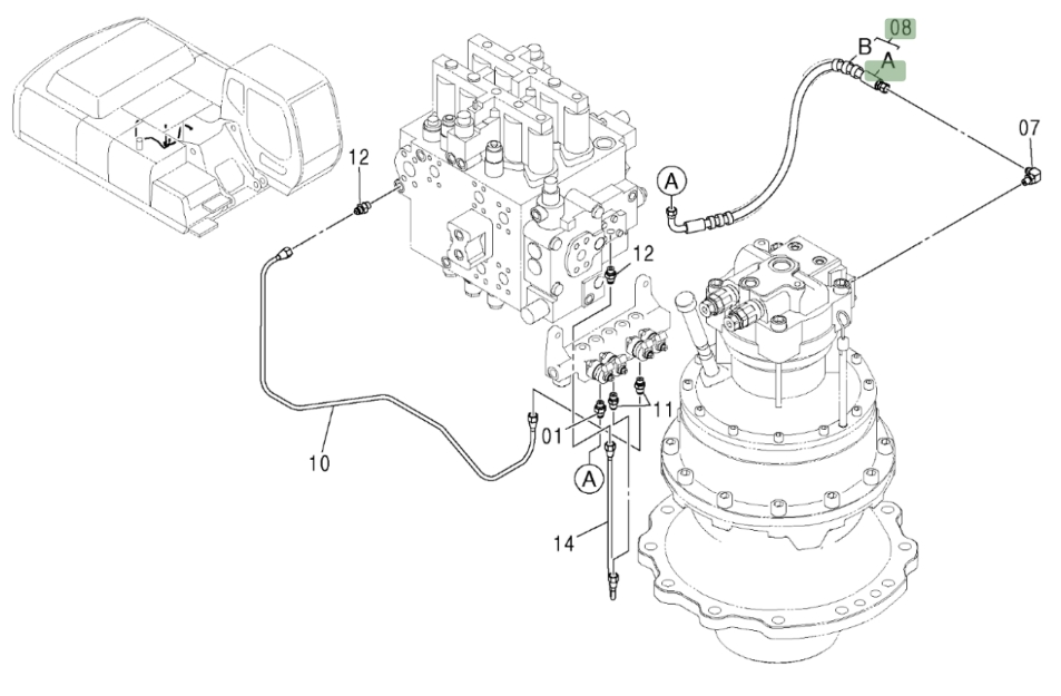 Hitachi ZX370 installation diagram showing hydraulic hose 9190851 at Pipe No. 8