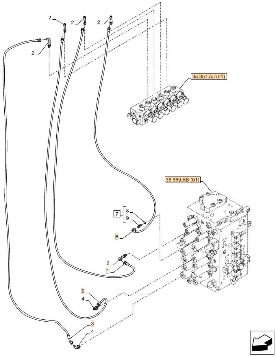 Case CX300D NLC installation diagram showing hydraulic hose KHJ14910 at Pipe No. 3