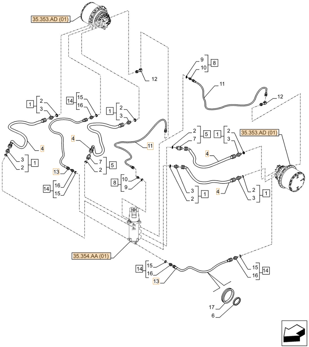 Case CX370D NLC installation diagram showing hydraulic hose KRJ6044 at Pipe No. 13