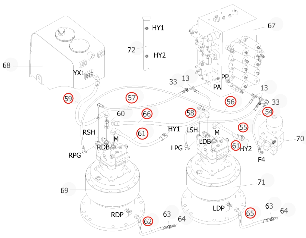 Sunward SWE500E-3 installation diagram showing hydraulic hose 730502002990 at Pipe No. 65