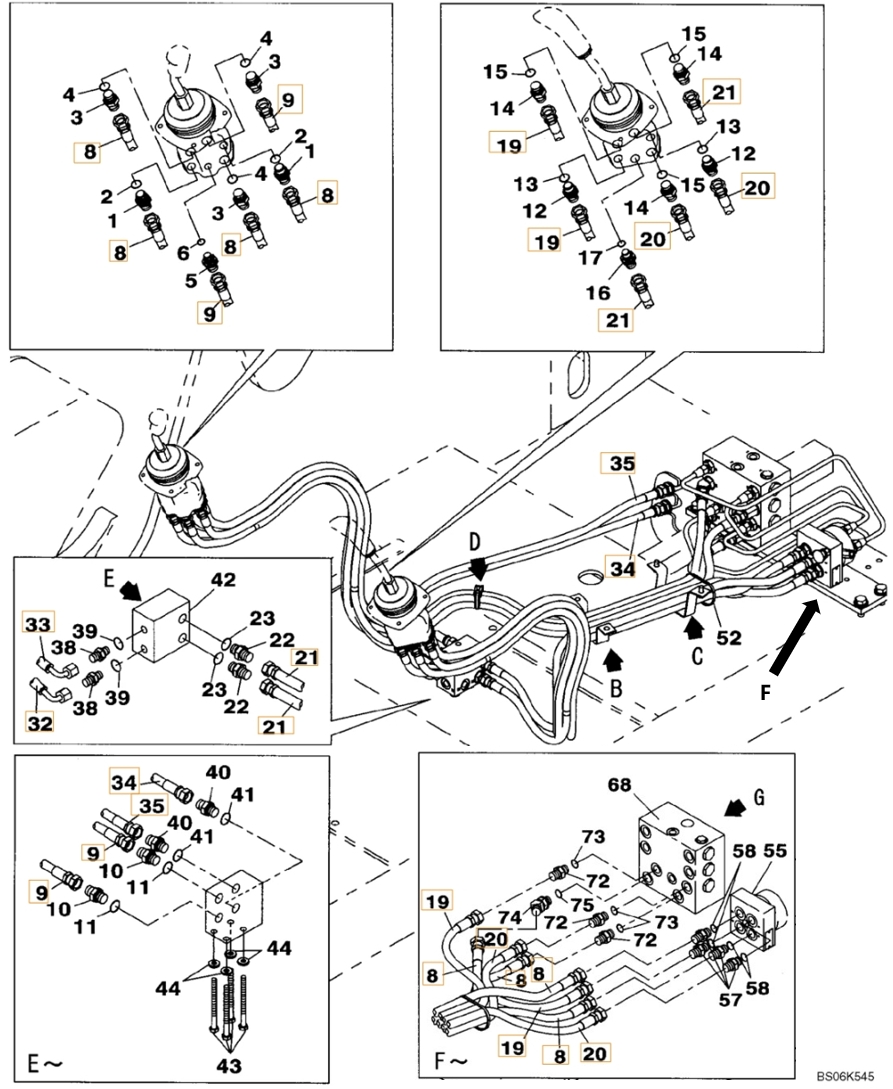 Case CX240BLR installation diagram showing hydraulic hose 159217A1 at Pipe No. 19