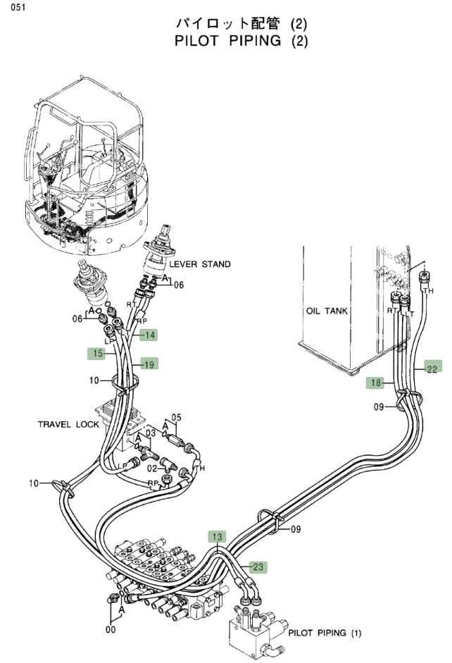 Hitachi EX17U installation diagram showing hydraulic hose 4453411 at Pipe No. 19