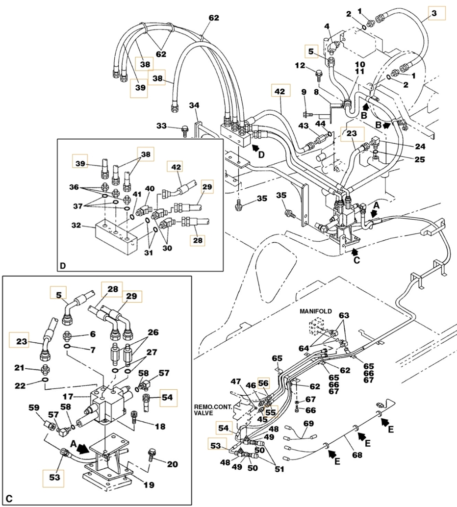 Case CX330 installation diagram showing hydraulic hose KAJ2420 at Pipe No. 23
