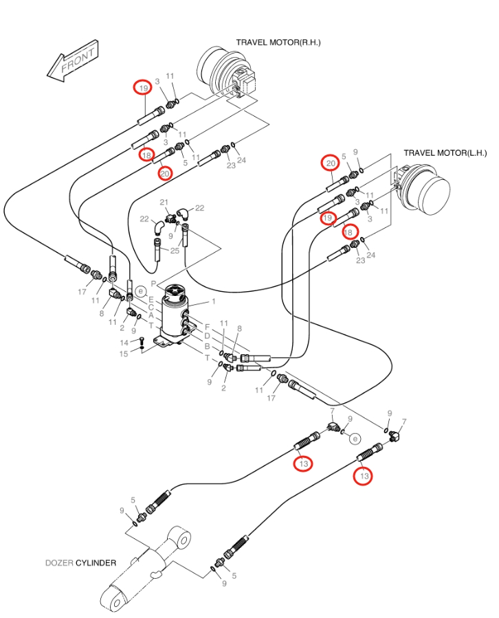 Doosan DX18 installation diagram showing hydraulic hose 2184-1060D238 at Pipe No. 19