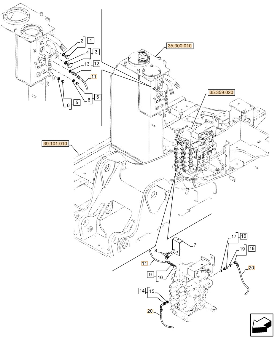 Case CX130E installation diagram showing hydraulic hose KHJ15180 at Pipe No. 20