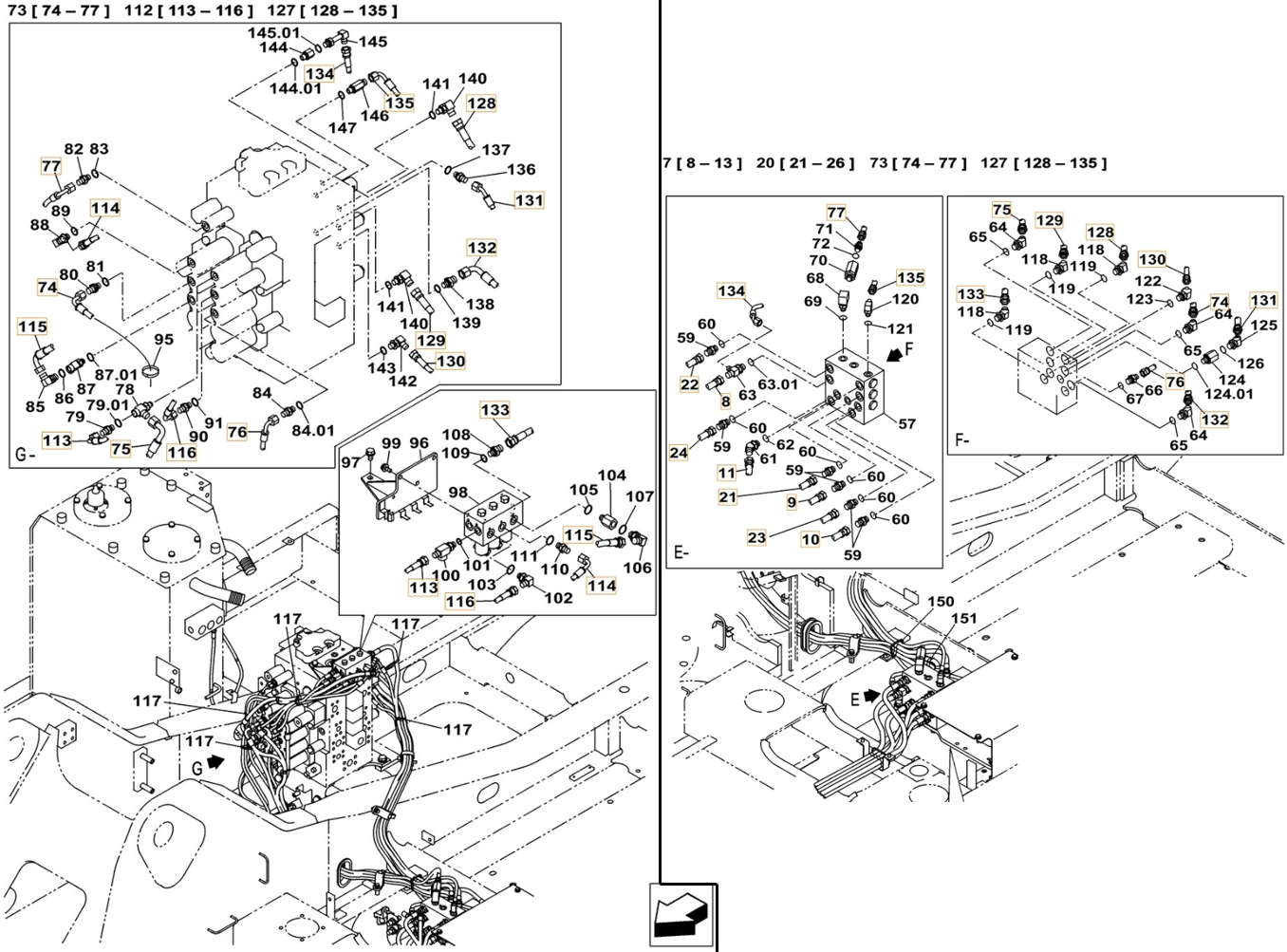 Case CX240C installation diagram showing hydraulic hose KHJ11540 at Pipe No. 135