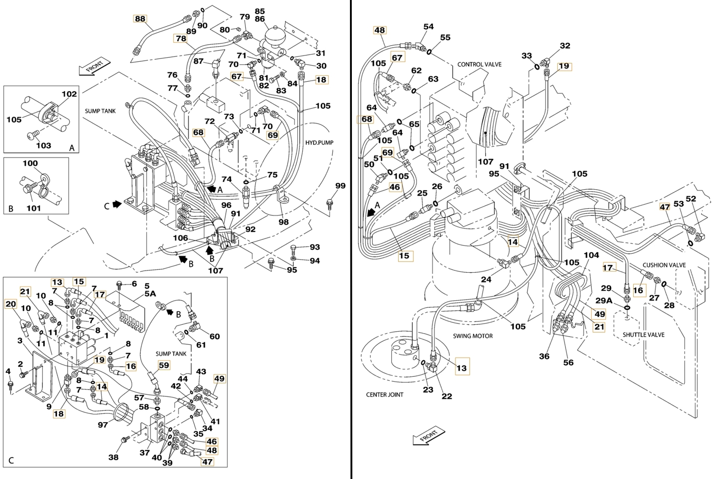 Case CX180 installation diagram showing hydraulic hose KAJ3241 at Pipe No. 68
